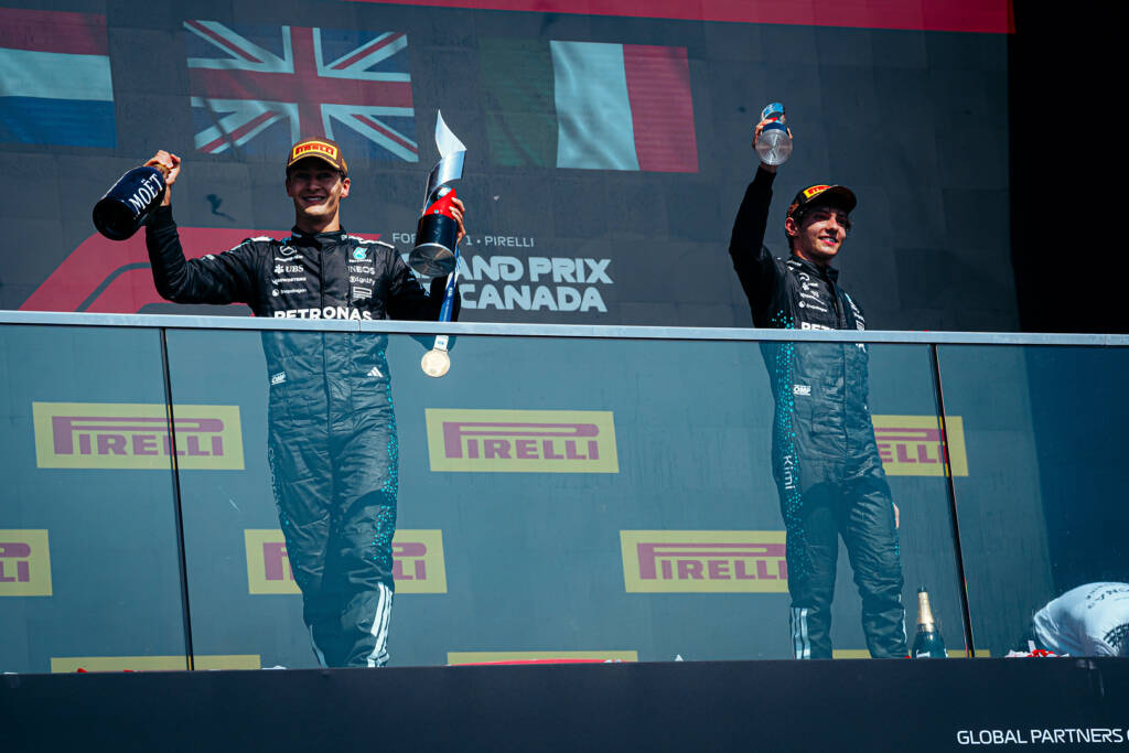 Canadian Grand Prix podium with Mercedes' George Russell and Kimi Antonelli