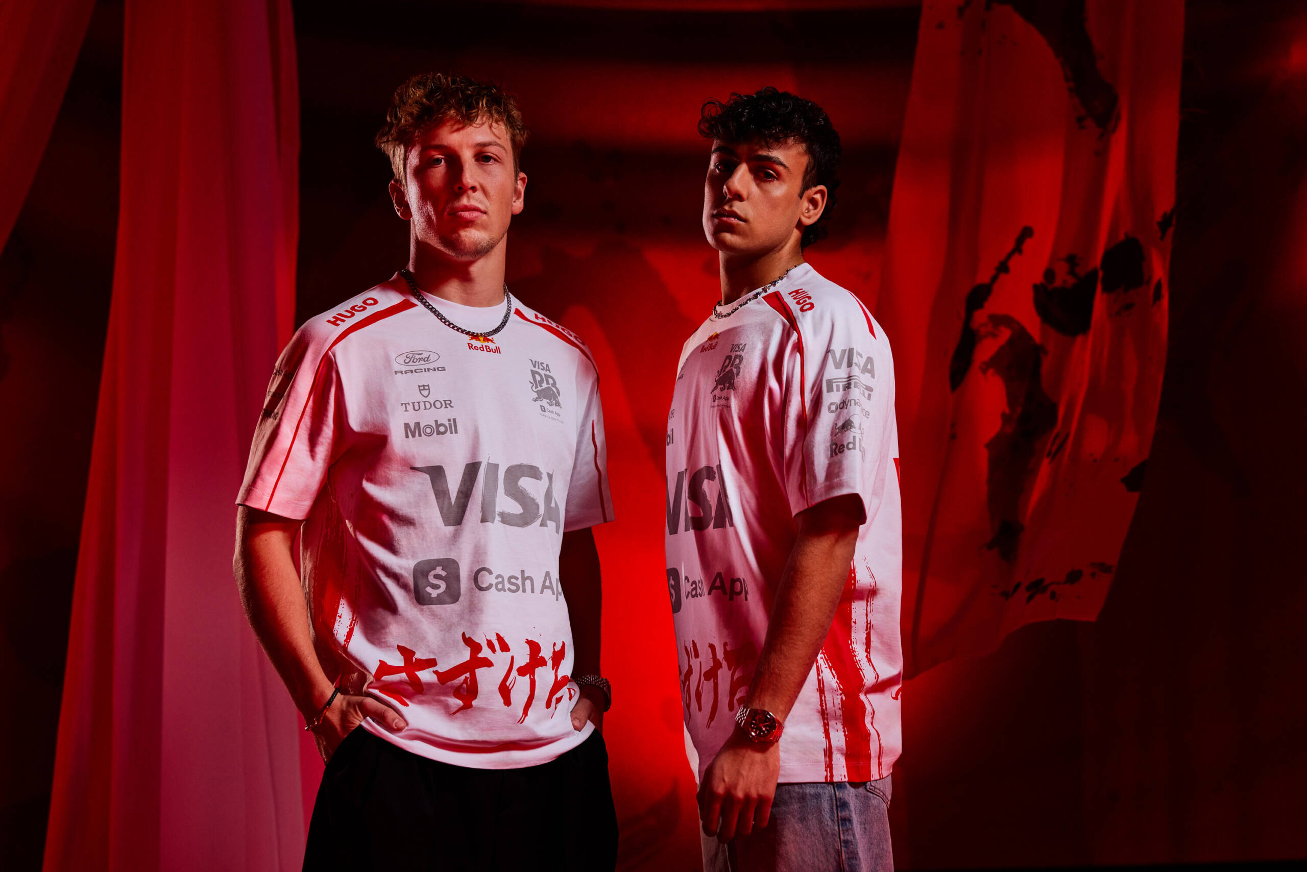 Liam Lawson and Arvid Lindblad pose for a portrait in the VCARB Japan Team Kit ahead of the 2026 Japanese Grand Prix. (Photo by Will Cornelius)