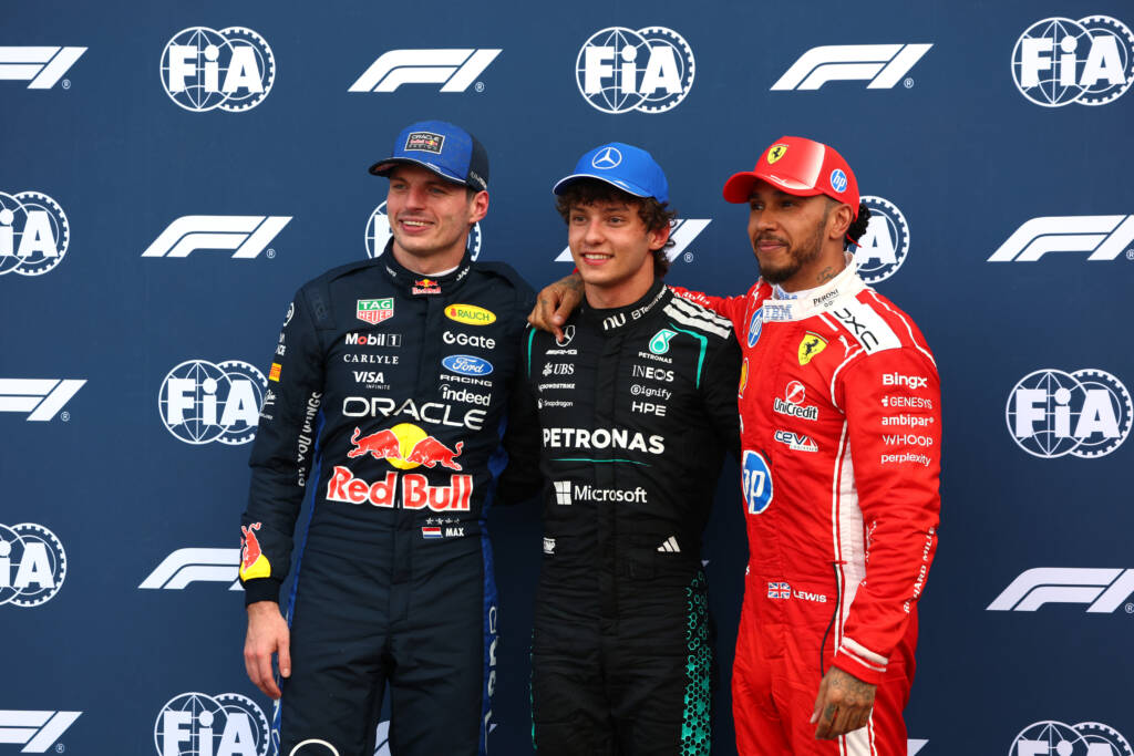 MONTE-CARLO, MONACO - JUNE 06: Pole position qualifier Andrea Kimi Antonelli of Italy and Mercedes AMG Petronas F1 Team Second placed qualifier Max Verstappen of the Netherlands and Oracle Red Bull Racing and Third placed qualifier Lewis Hamilton of Great Britain and Scuderia Ferrari look on during qualifying ahead of the F1 Grand Prix of Monaco at Circuit de Monaco on June 06, 2026 in Monte-Carlo, Monaco. (Photo by Sam Bloxham/LAT Images) // Getty Images / Red Bull Content Pool // SI202606060402 // Usage for editorial use only //