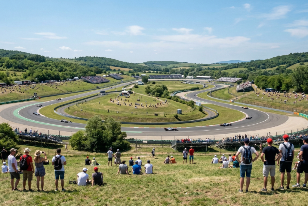 Race cars navigating a winding section of the Hungaroring with spectators on grassy hills.