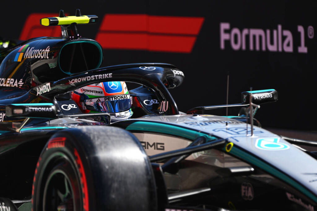 Mercedes-AMG Petronas F1 car on track, showing tyre load and behaviour relevant to the tyre operating window.