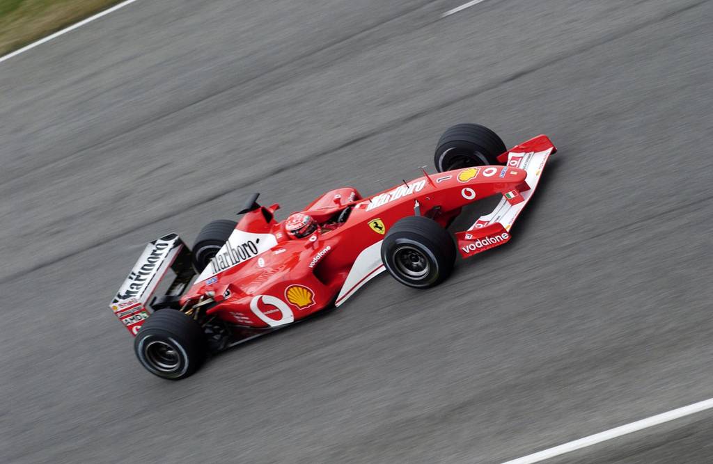 Ferrari F2002 Formula One car at speed during the 2002 F1 season