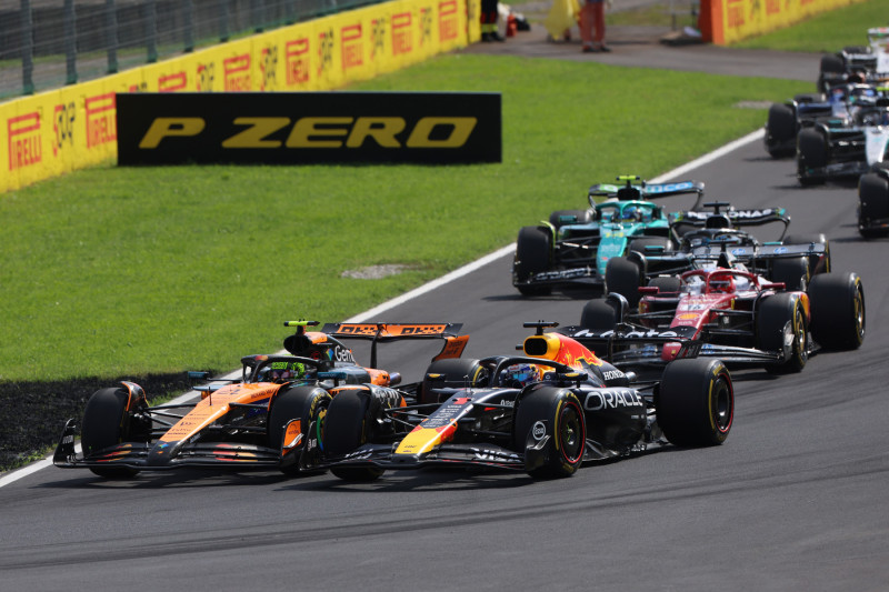 Red Bull, McLaren, Aston Martin, and Ferrari battling through Monza during the Italian Grand Prix