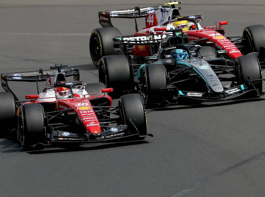 Hamilton, Leclerc, and Russell battle for first position during the start.