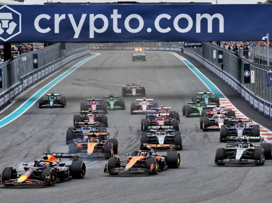 Formula 1 cars racing side by side during the Miami Grand Prix