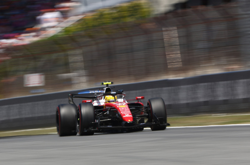 Ferrari F1 car executing an aggressive three-stop tyre strategy on soft compounds during the Sunday race at the Barcelona-Catalunya Grand Prix.