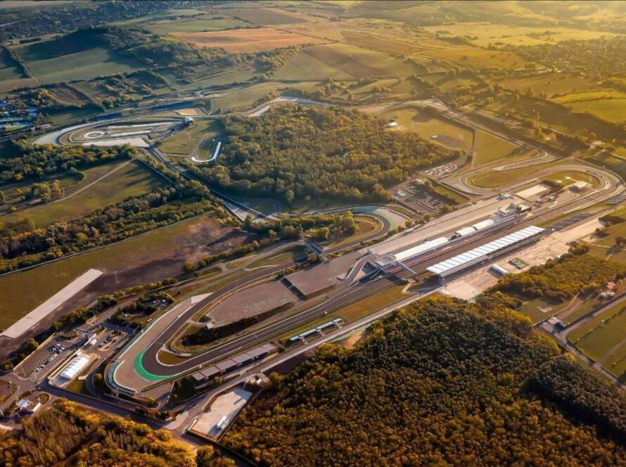 Aerial view of the Hungaroring showing full track layout and surrounding countryside.
